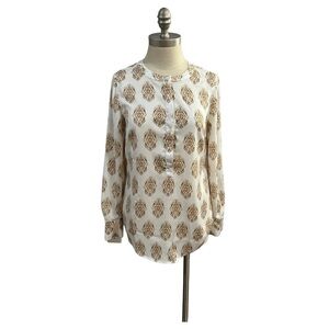 J CREW XXS Popover Tunic Top Blouse Printed Medallion Paisley White Tan